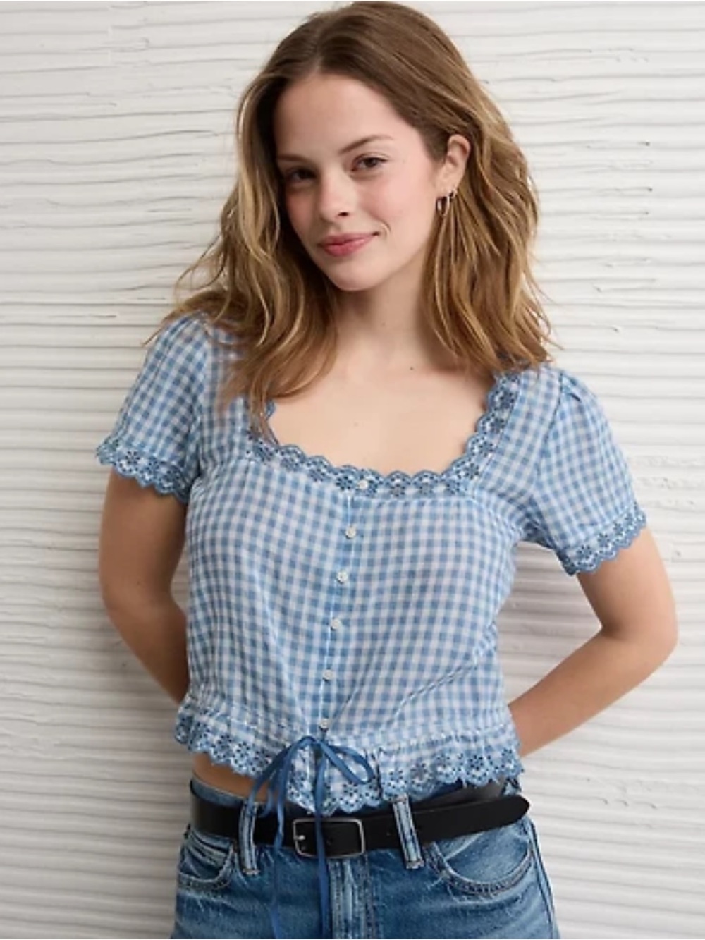 American Eagle Outfitters Light Blue Gingham Lace-Trim Side-Tie Top